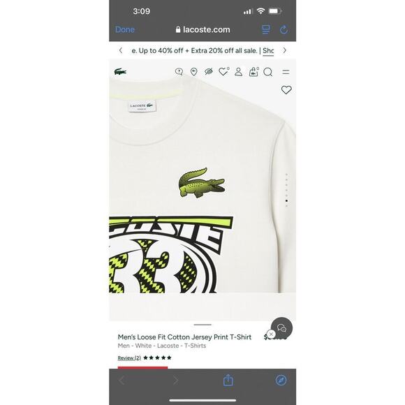 Lacoste Short Sleeve Loose Fit Cotton Jersey Graphic T-Shirt White/Green Men’s M - Picture 4 of 13